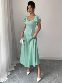 Elenzga New 2025 Model Spring & Summer Blue Cap Sleeve French Style Niche Design Sweetheart Neck Fitted Slim Long Dress, Suitable For Dates & Vacations - Mint Green - View 6