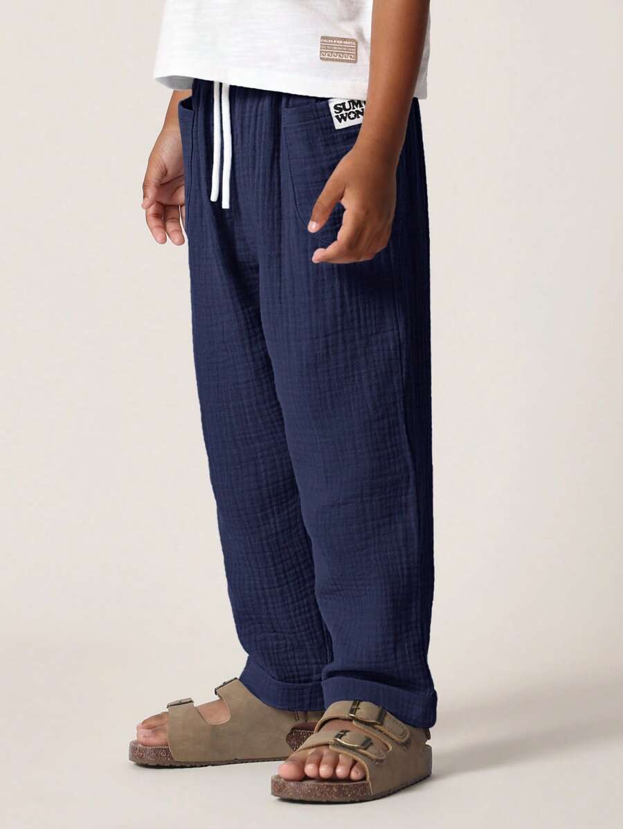 SUMWON Kids Pull On Textured Drawstring Pants Lightweight Cotton Summer Casual Trousers Breathable Wide Leg Joggers Beach Holiday Wear Play Clothes School - Navy Blue - View 1