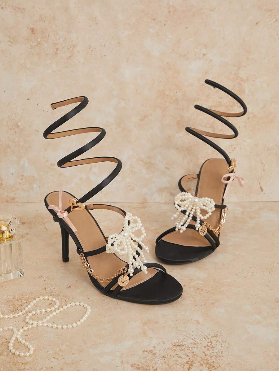 SHUZIA 女士优雅女性派对风格黑色蝴蝶结珍珠装饰高跟凉鞋 - 黑色 - 查看 1