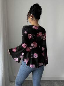 Rafferiza Casual Sexy Vacation French Style Floral Mesh Bowknot Asymmetrical Ruffled Hem Long Sleeve Ibiza Women T-Shirt Fall Cloth For Women - Multicolor - View 2