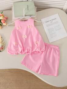 SHEIN Elladie kids 2 sztuki/zestaw dla młodych dziewcząt: elegancki top bez rękawów z kokardą i luźne szorty - Różowy - Zobacz 3