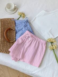 Comfortcana 2pcs Women Casual Button Tie Knot Striped Shorts Set, Suitable For Summer Suitable For Going Out - Multicolor - View 4