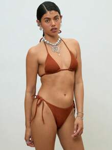 COUREZ Rib Triangle TopAnd Tie Side Bottoms Bikini Set /Beachwear Vacation Outfits/Y2K/Casual Vintage For Summer