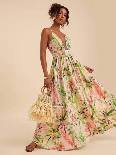 Travachic 花卉印花露背休闲度假连衣裙，热带印花荷叶边下摆细肩带长裙，女士夏季服装，女士沙滩装，女士西部装，女士演唱会服装，波西米亚风，热带度假，女士波西米亚风连衣裙，女士热带连衣裙，女士连衣裙，新款度假女士连衣裙，女士度假服装