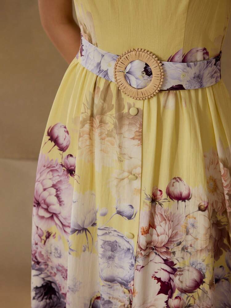 LINEN BELTED FLOWER PRINT DRESS
