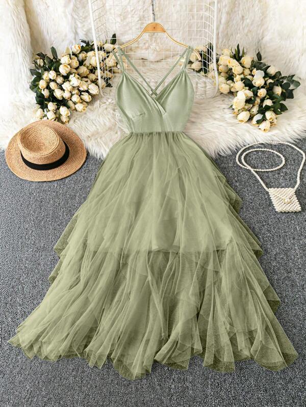 Celure Französisches elegantes figurbetontes Kleid mit tiefem V-Ausschnitt, hochtailliges Mesh-Patchwork-strick-Trägerkleid in Große Größen für Abendveranstaltungen