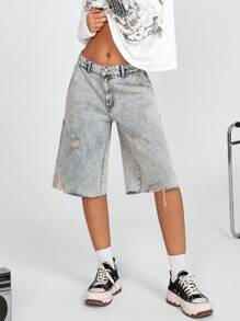 SHEIN Jeans corti a vita bassa, tinti e strappati