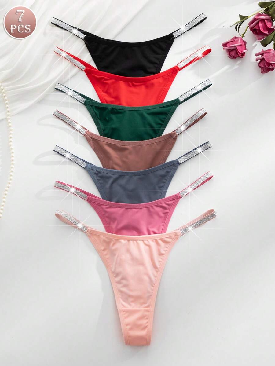 MidnightGlam 7pcs/Set Silver Color Waistband Women Comfortable & Sexy G-String Panties, Multi-Color, Lingerie For Women,Sexy,Valentine's Day,Wedding - Multicolor - View 1