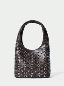 SHECARRY Women's Fashion Punk Rivets Eyelet Motorcycle Street Chic Y2K Style Handbag - Brown - View 1