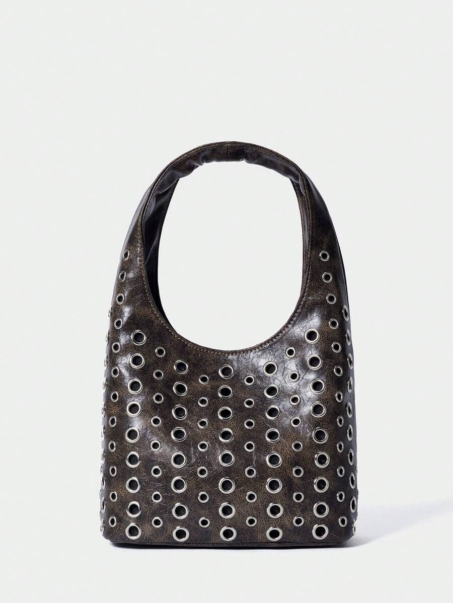 SHECARRY Women's Fashion Punk Rivets Eyelet Motorcycle Street Chic Y2K Style Handbag - Brown - View 1