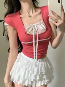 DAZY 女士蕾丝拼接抽绳短款 T 恤，春夏 - 粉色 - 查看 6