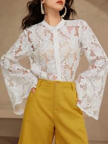 DAZY Women Lace Collar Flare Sleeve Solid Sheer Button Front Blouse,Fall Women Clothes Long Sleeve Top - Beige - View 6
