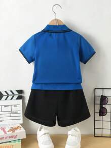 SHEIN 夏季男童撞色刺绣短袖Polo衫 - 藍色 - 查看 2