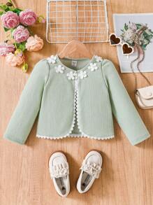 SHEIN 女孩优雅甜美可爱基本款白色开衫夹克，白色条纹纹理弹力波浪条纹面料，带有 3D 花卉装饰，适合春季、夏季、秋季