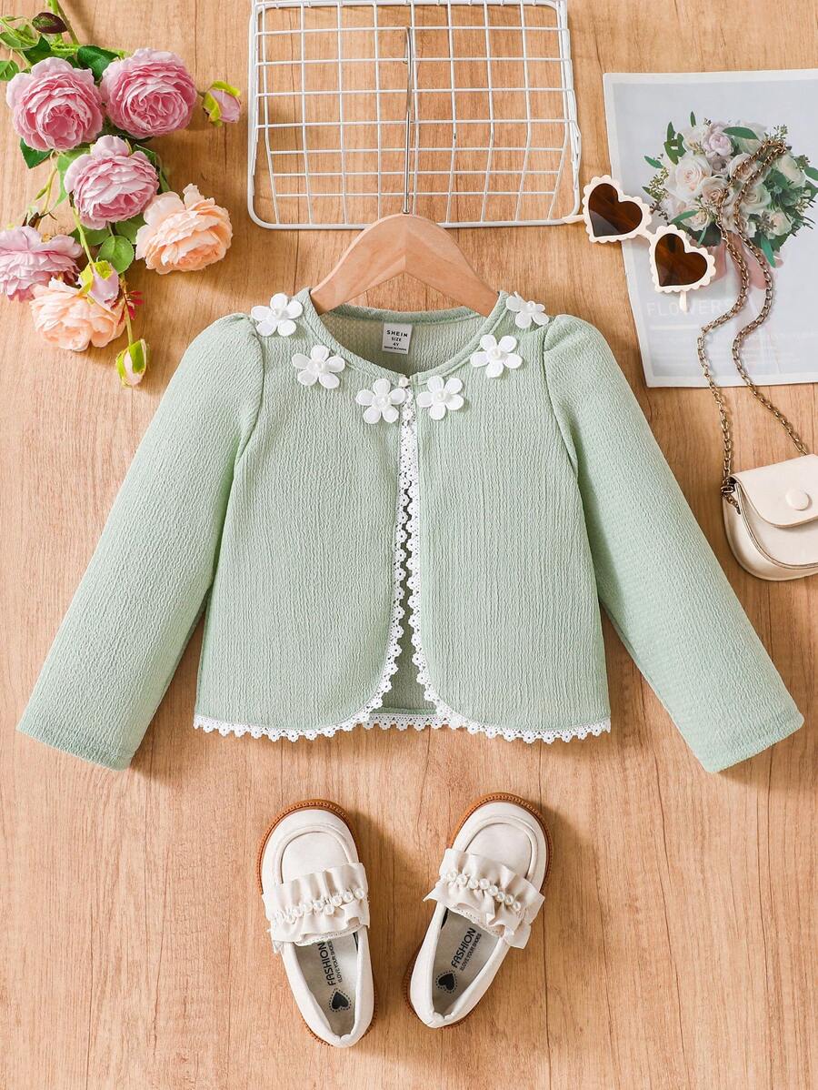 SHEIN 女孩优雅甜美可爱基本款白色开衫夹克，白色条纹纹理弹力波浪条纹面料，带有 3D 花卉装饰，适合春季、夏季、秋季