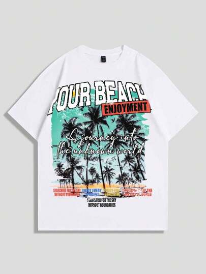 Men's Vacation Print Short Sleeve T-Shirt, Suitable For Everyday Wear In Spring & Summer
