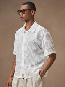 AKNOTIC Business Casual Camicia casual da uomo a maniche corte, con motivo floreale jacquard bianco, vestibilità ampia, adatta per l'estate, le vacanze, l'uso quotidiano, le feste, il coordinato di coppia, come regalo per uomo - Bianco - Visualizzare 5