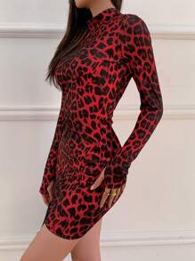 INAWLY Vestido corto de talla grande con contraste de estampado de leopardo y manga larga, vestido ajustado - Rojo - Ver 6