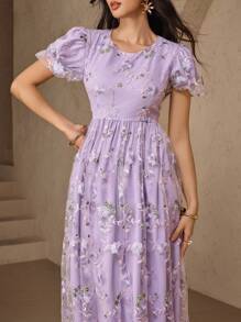 DAZY 女士刺绣全身泡泡袖连衣裙，女士夏季长裙，毕业礼服