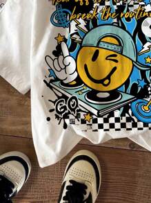 SHEIN Tween Boy Cartoon Pattern Casual Short Sleeve Crew Neck T-Shirt, Suitable For Summer - White - View 4