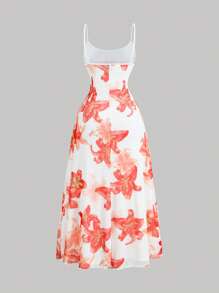 SHEIN MOD Plus Size Vintage Watermelon Print Burgundy & Pink Floral Elegant Mesh Insert Camisole Dress,Summer Outfits For Women