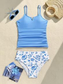 SHEIN 少女假日海滩分体泳衣套装 - 藍色 - 查看 7