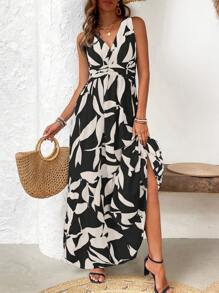 EMERY ROSE Váy không tay cổ chữ V in họa tiết toàn bộ và viền nhún bèo cho trang phục đi biển mùa hè dài - màu đen - Xem 6
