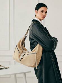 SHECARRY 1pc Women Solid Color Zipper Simple Shoulder Bag, Casual Daily Use - Apricot - View 1