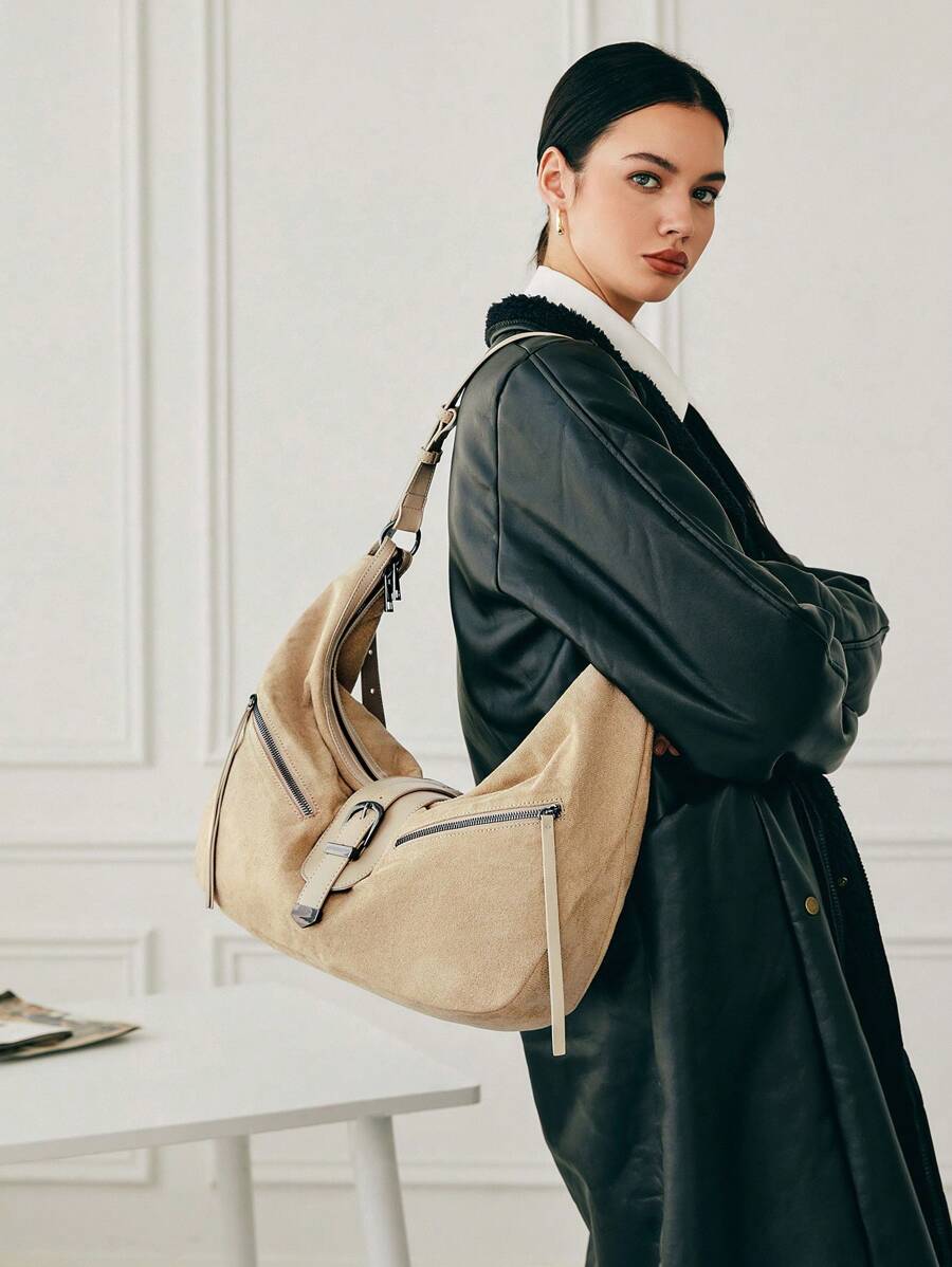 SHECARRY 1pc Women Solid Color Zipper Simple Shoulder Bag, Casual Daily Use - Apricot - View 1