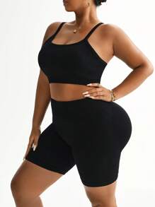 Easithlete Plus Size Women Solid Color Camisole & Shorts Seamless Sports Set - Black - View 4