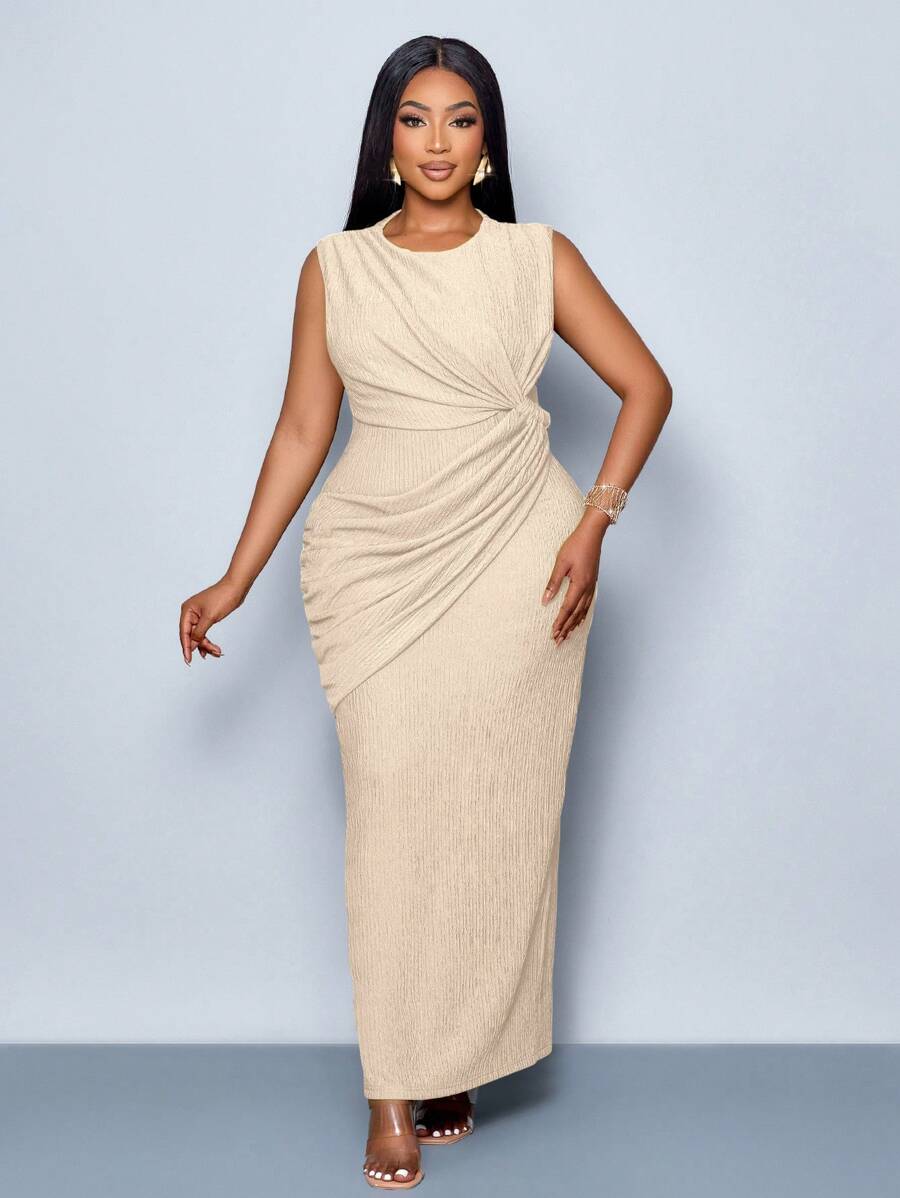 SOLERSUN Women's Fashion Slim Fit Pleated Sleeveless Solid Twist Front Bodycon Dress