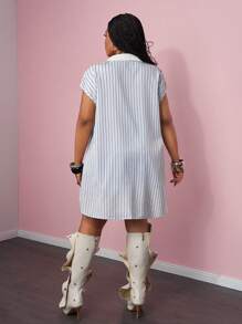 Slaydiva 2pcs/Set 2025 Plus Size Women Striped Short Sleeve Shirt & Shorts Set - Multicolor - View 6