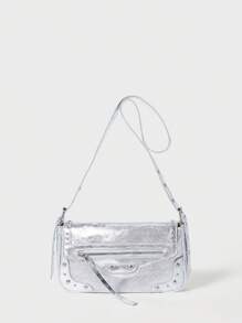 SHECARRY Bolsas femininas crossbody, PU, couro, outono, inverno, faculdade, escola, férias, estilo de rua, esportes, pernoite, namoro, Y2K, futuro, punk, estilo motociclista, doce, descolado, rua, esportivo, gaiola, prateado