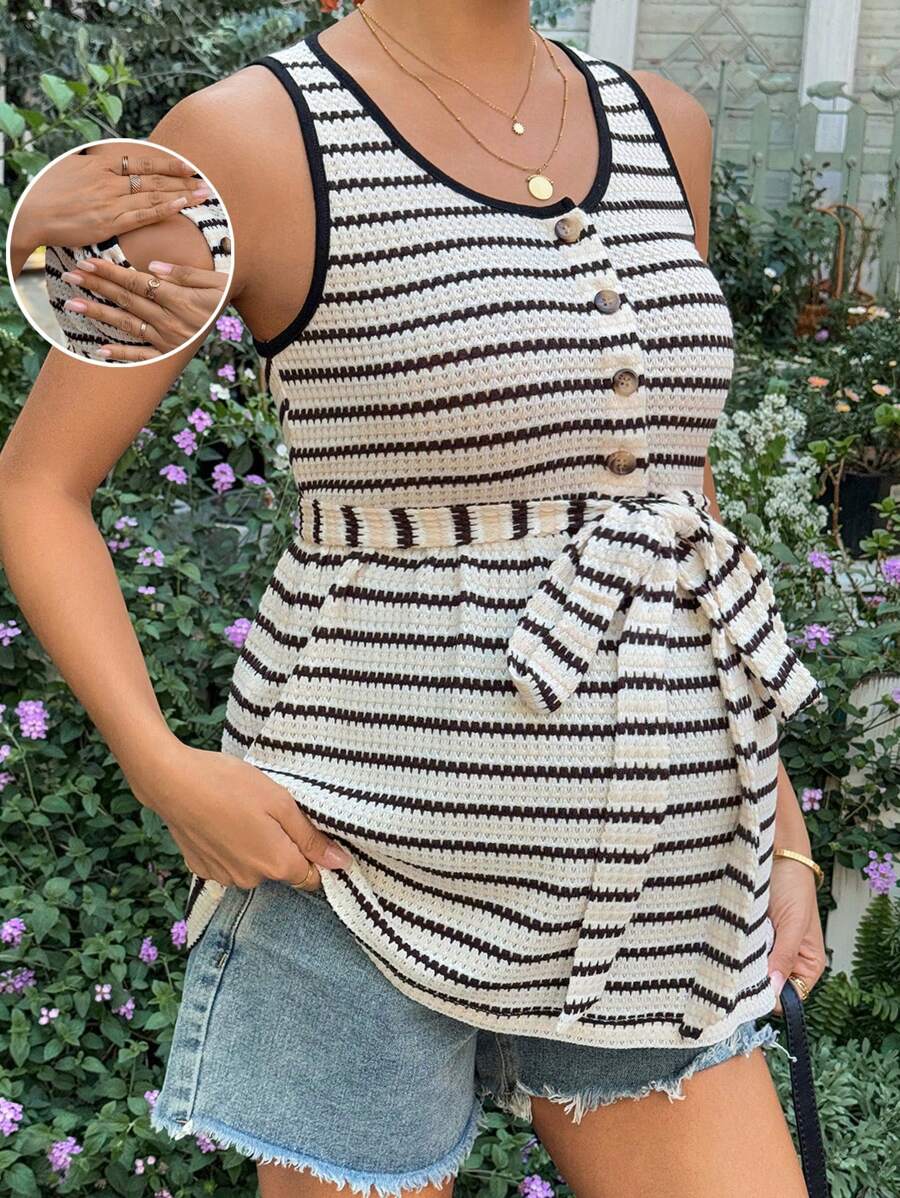 SHEIN Casual Striped Sleeveless Nursing Dress With Scoop Neck And Button Details - Black and White - View 1