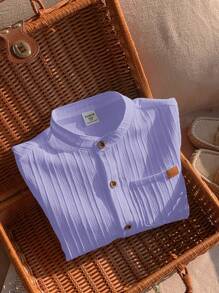 SHEIN LMoss Kids Áo sơ mi cổ bẻ cơ bản thường ngày cho bé trai LMoss có túi, thoải mái và thoáng khí - Màu tím - Xem 7