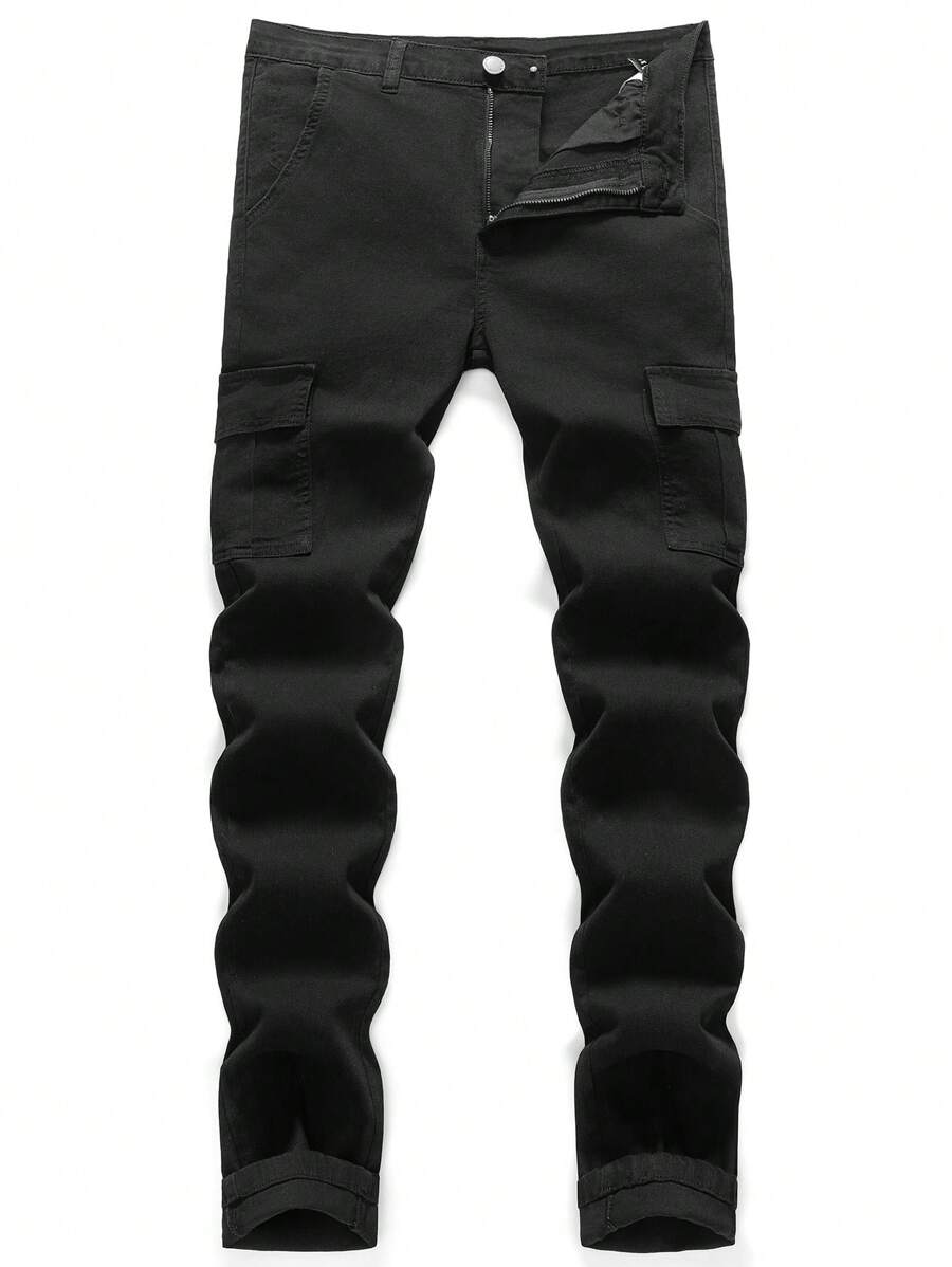 SHEIN Teen Boy Fashion Casual Basic Simple Comfortable Cargo Pocket Design Black Stretch Skinny Jeans For Boy Soft Dailywear And Teen Boy Summer And Spring Clothes - Black - View 1