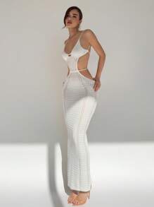 Aloruh Vestido de Tricô Slim com Alças Finas, Gola em U, Decote Baixo e Textura Vazada, em Cor Sólida, Casual para Mulheres