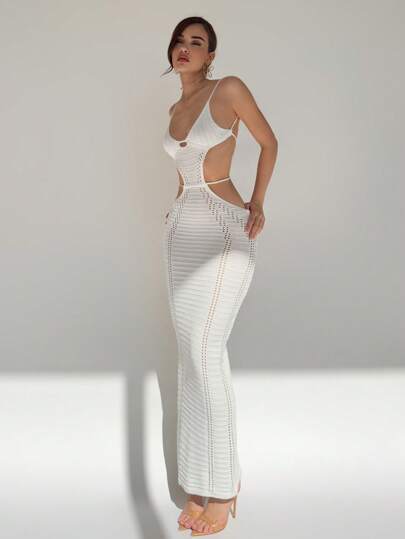 Aloruh Vestido jersey de punto ajustado de color liso con escote en U y tirantes finos calados para mujer