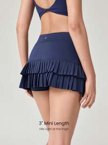 GLOWMODE 3英寸双倍时间褶皱迷你裙，内置短裤侧袋，防滑握把，低冲击力网球高尔夫匹克球日常休闲装 - Dark Blue - 查看 2