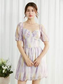 SHEIN LUNE Purple Tie-Dye Backless Dress, Women's Summer New Sweet Flared Mini Dress - Multicolor - View 3