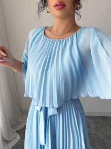 Elenzga 女士优雅通勤休闲舒适迷人度假温柔无袖圆领系带蝴蝶结褶皱雪纺纯色连衣裙 - 藍色 - 查看 3