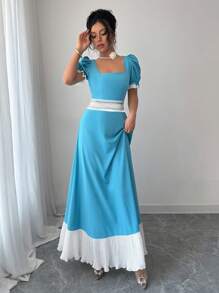 Elenzga Square Neck Ruched Waist Color Block Floral Lace Trim Long Dress - Blue and White - View 7