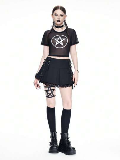 Goth T-shirt transparent à manches courtes sexy avec motif maille noire imprimé