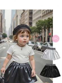 Baby Girl Spring/Summer Fashion Versatile Skirt 2pcs Set Personalized Mini Leather Skirt - Black - View 1