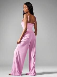 MISSGUIDED Lace Trim Camisole Lounge Set With Wide Leg Pajama Pants Sleepwear Nightwear Set Relaxed Fit Loungewear Silky Soft Comfort - Pink - View 2