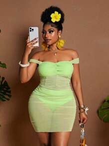 Maweii Vestido mini ajustado de malla y volantes elegante para mujer de talla grande que resalta la figura - Verde - Ver 1