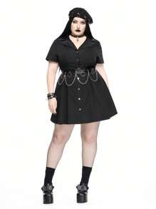ROMWE Goth Vestito fasciato con stile college gotico vintage, collo in PU, bottoni in metallo, taglio linea A, per taglie forti