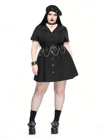 Goth Vestido ajustado estilo gótico retro universitario con empalme, cuello de PU y botones metálicos en talla grande