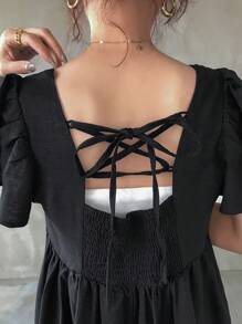FRIFUL Abito da donna con collo a cravatta, senza schienale, vita elastica, plissettato, abito lungo per vacanze, laurea e feste