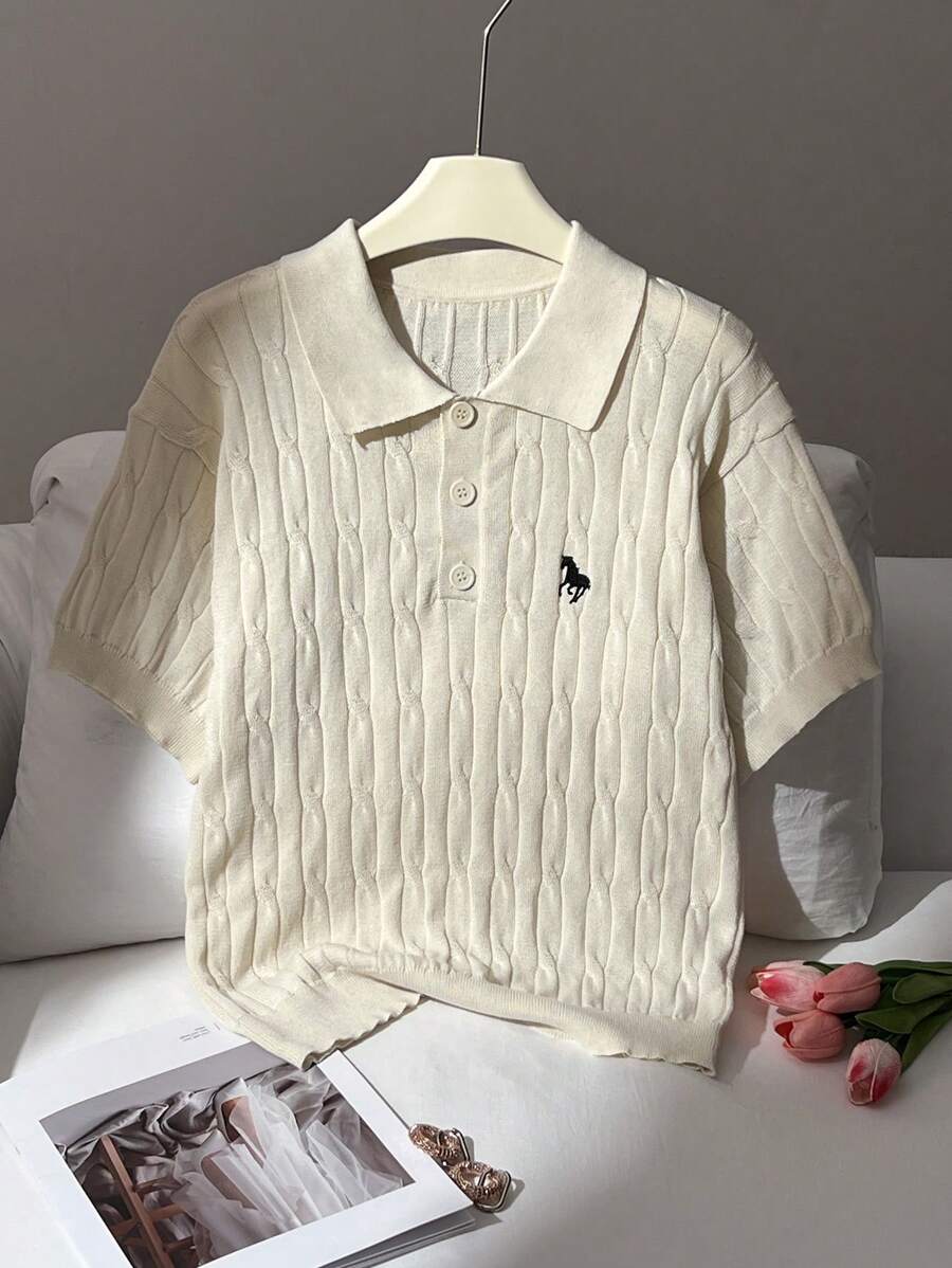 SHEIN Privé 白色Polo领半开套头麻花提花动物图案刺绣针织短袖大码夏季上衣;休闲优雅休闲办公装上衣;海边度假毕业季学院风女装针织上衣 - 白色 - 查看 1